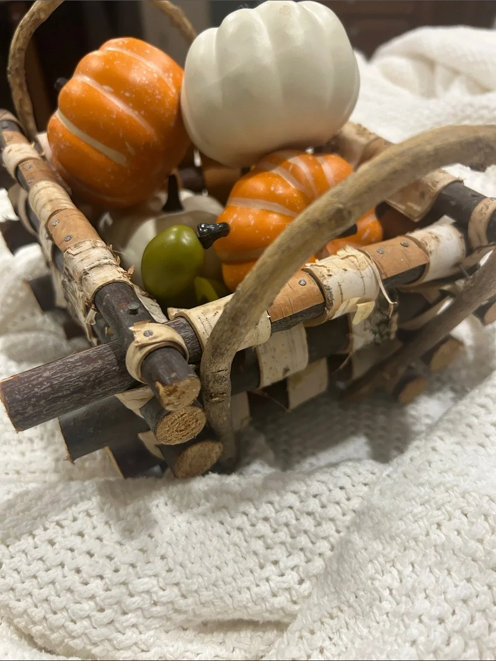 Rustic Fall Harvest Decorative Basket with Orange, White & Faux Pumpkins